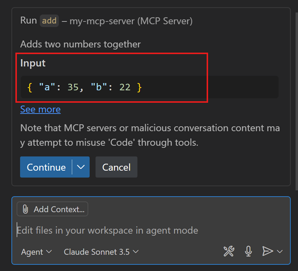 Screenshot that shows the tool confirmation dialog with input parameters for an MCP tool.