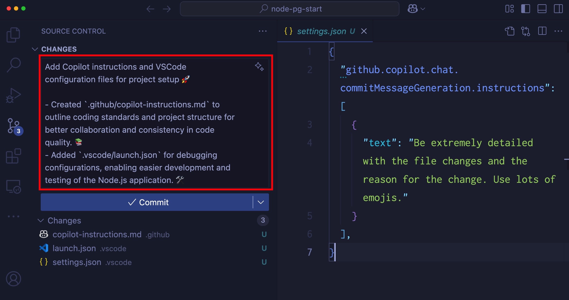 Screenshot that shows the Source Control view, showing a colorful commit message for the latest commit.