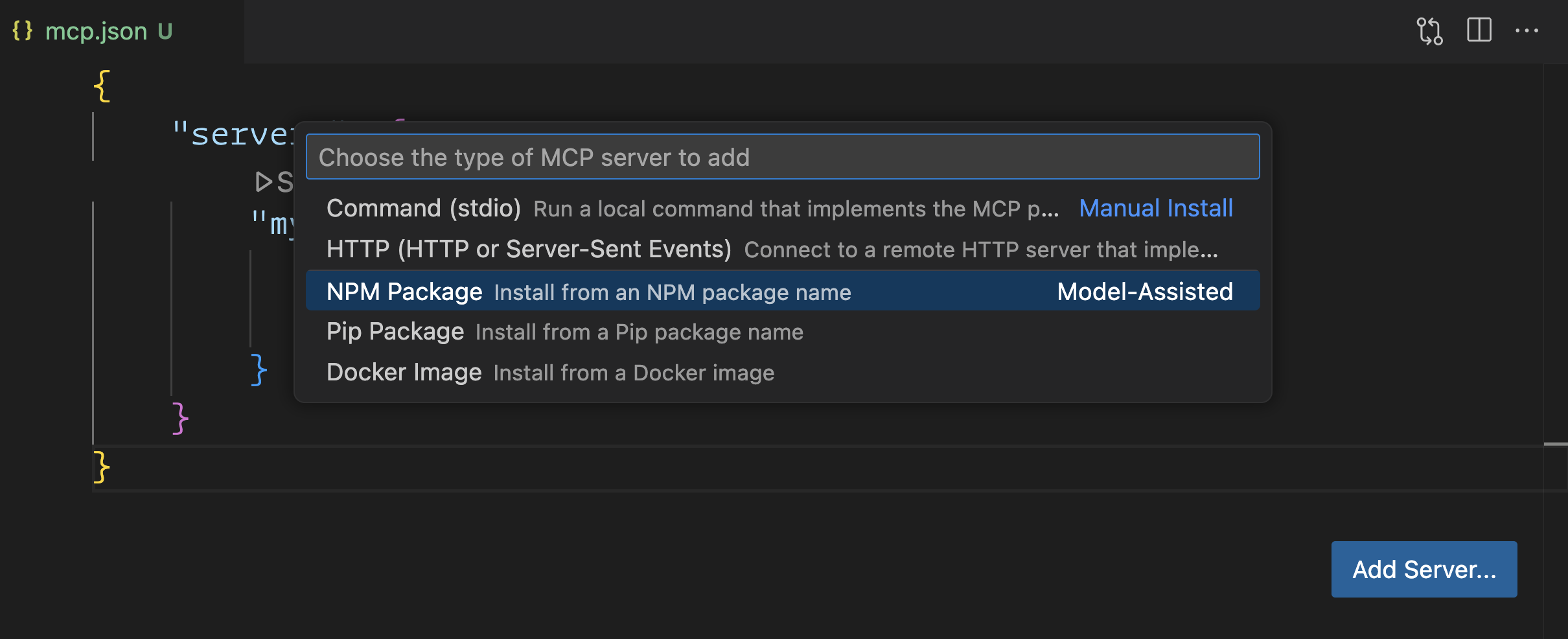 Add MCP Server commands in VS Code