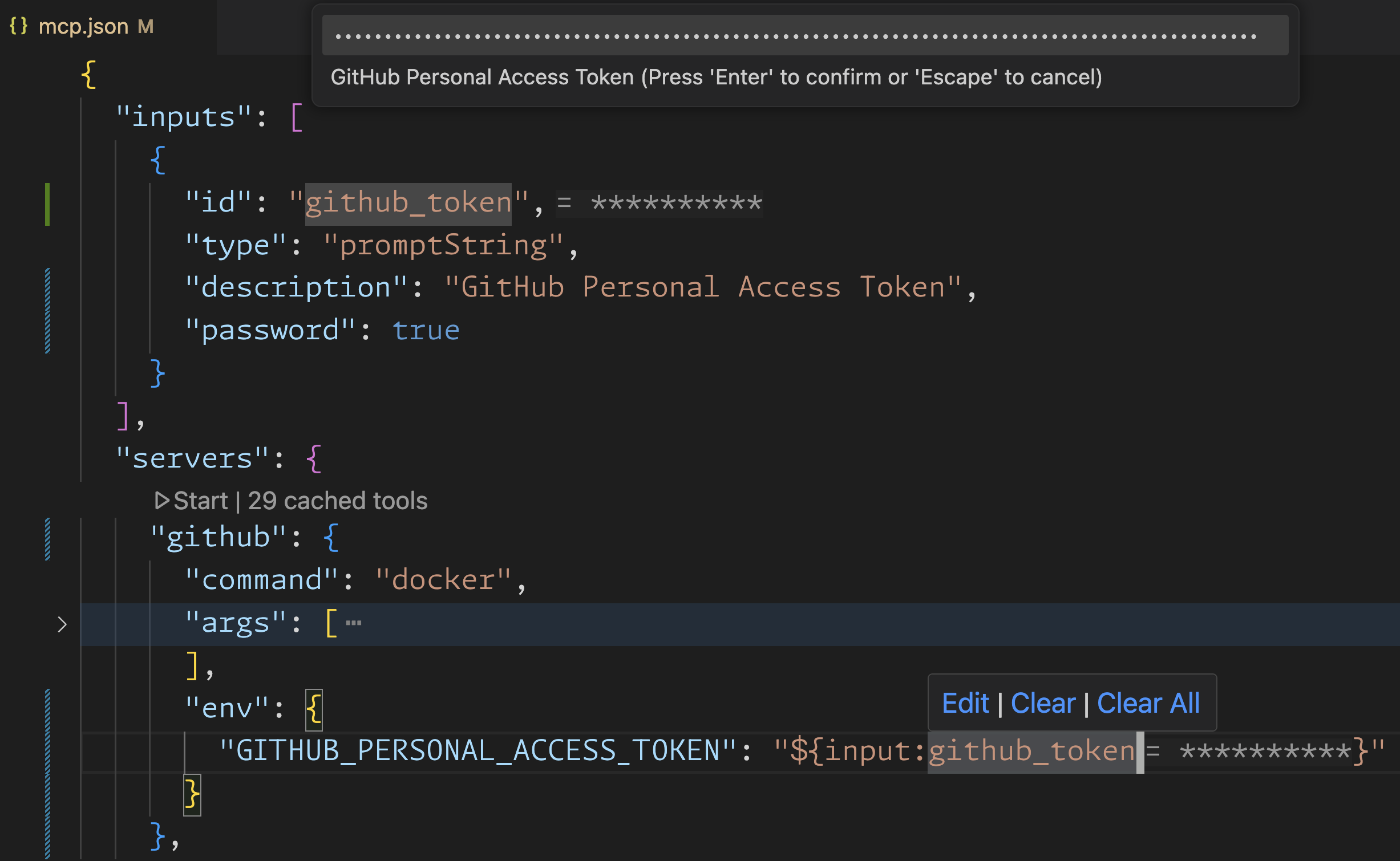 GitHub MCP Server with safely stored PAT using input variables