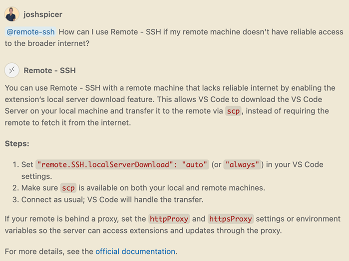 Using Remote - SSH participant in VS Code chat panel