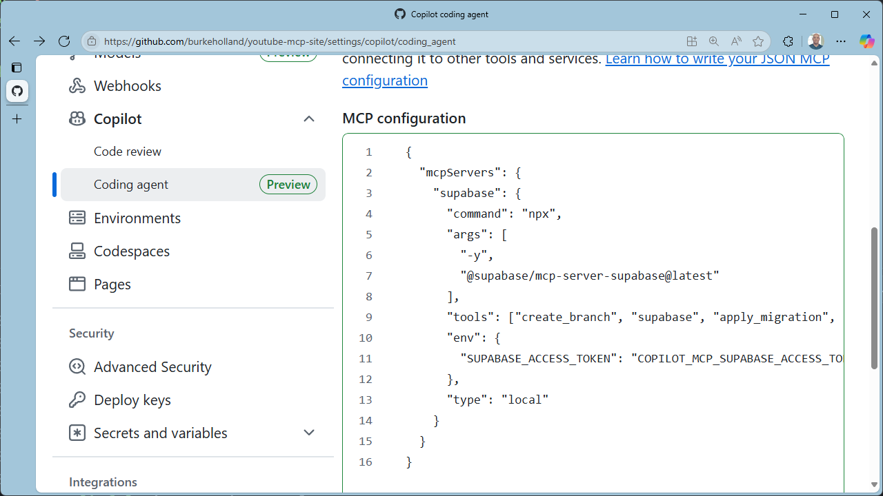 MCP configuration shown for Copilot Coding Agent on github.com