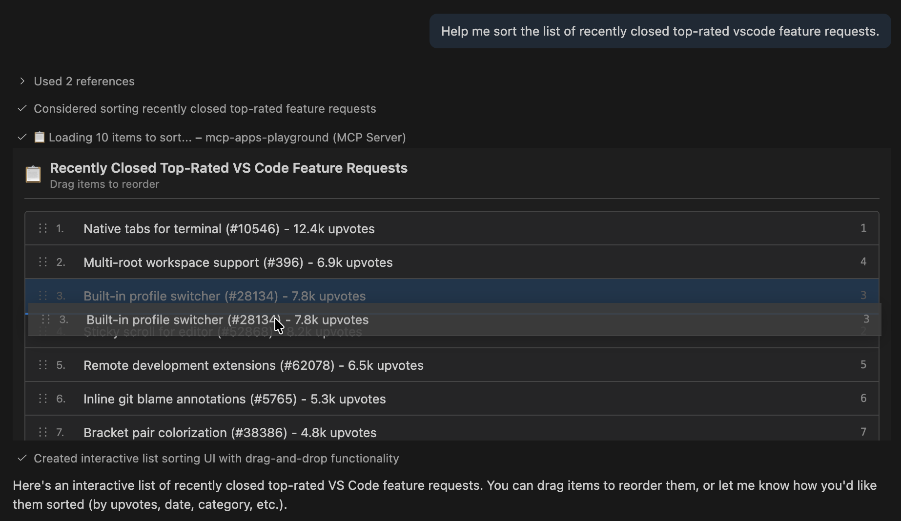 Screenshot showing an interactive task sorting UI with drag-and-drop in the VS Code agent panel.