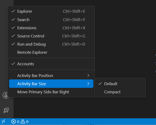 Screenshot of the Activity Bar context menu showing the Activity Bar Size submenu with Default and Compact options.