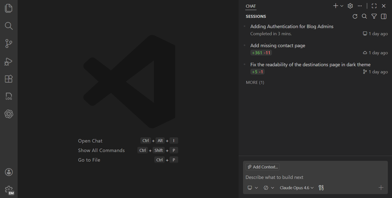 Screenshot of the Chat view in compact mode showing recent agent sessions.
