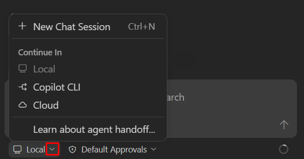 Screenshot showing the session type dropdown for handing off to another agent.