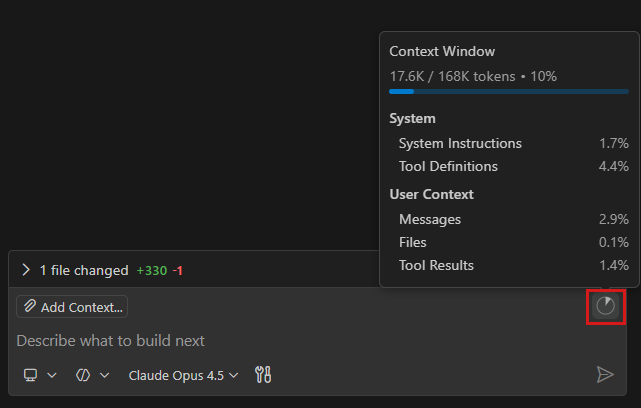 Screenshot of VS Code Chat view, showing the context window usage control in the chat input box.