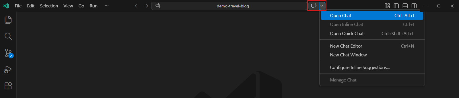 Screenshot of the Copilot Chat menu in the VS Code Command Center.