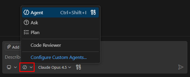 Screenshot showing the Chat view with the agent picker expanded, displaying different agent options.