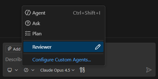 Screenshot showing the Reviewer custom agent in the agent picker.