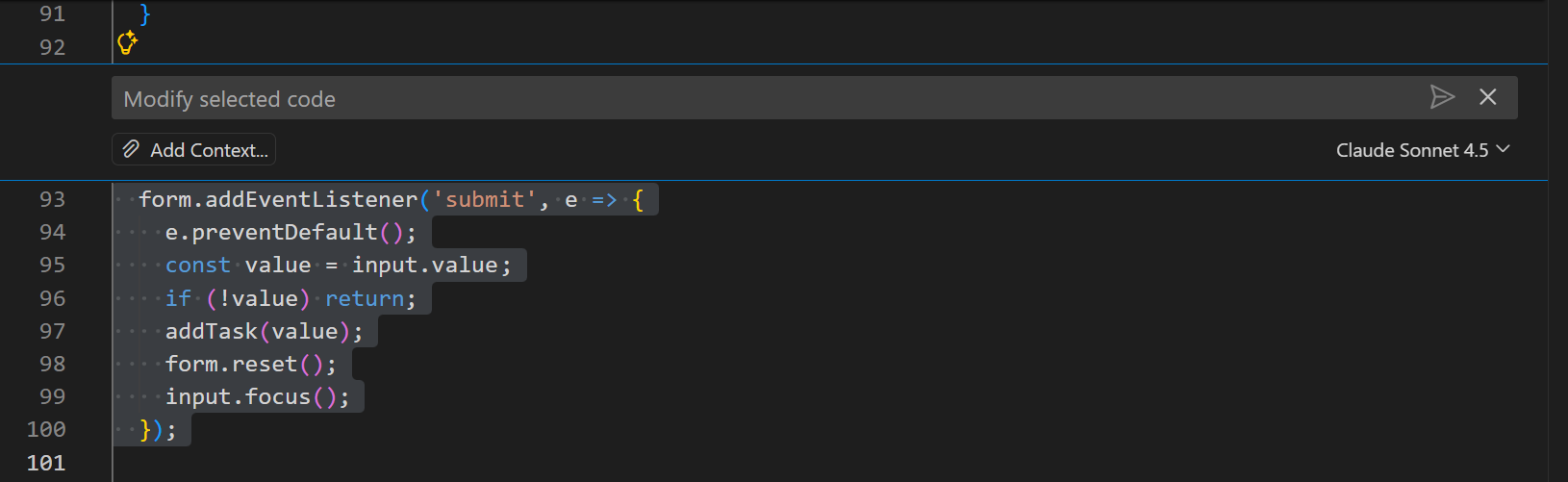 Screenshot showing inline chat starting for selected code block.