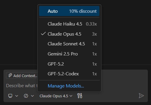 Screenshot that shows the model picker in the Chat view.