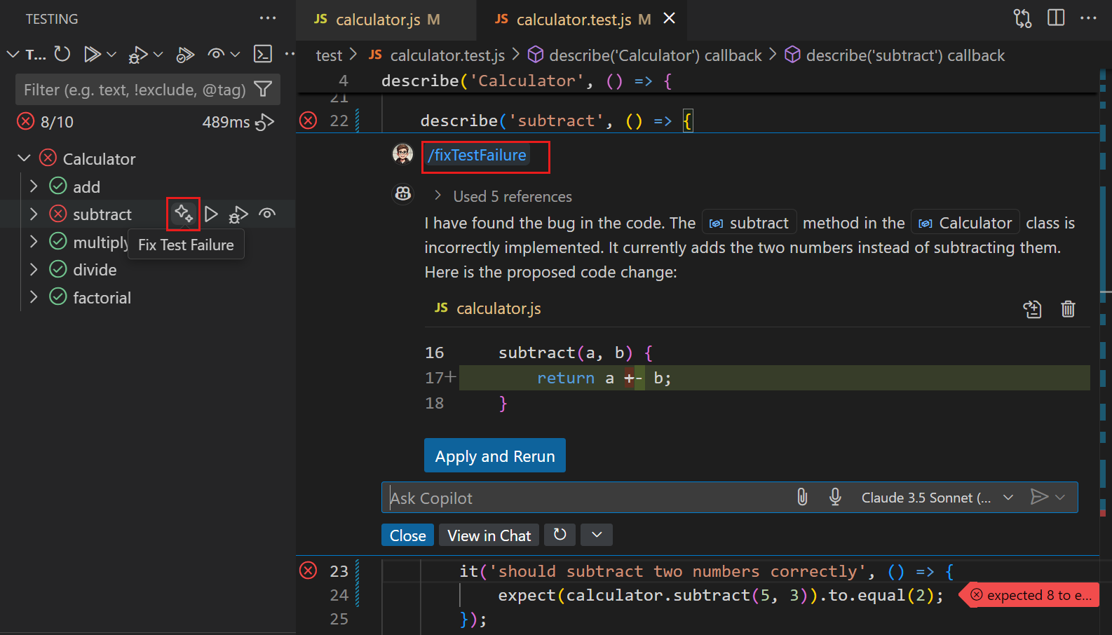 Screenshot showing the smart actions menu in VS Code with options to fix a test failure.