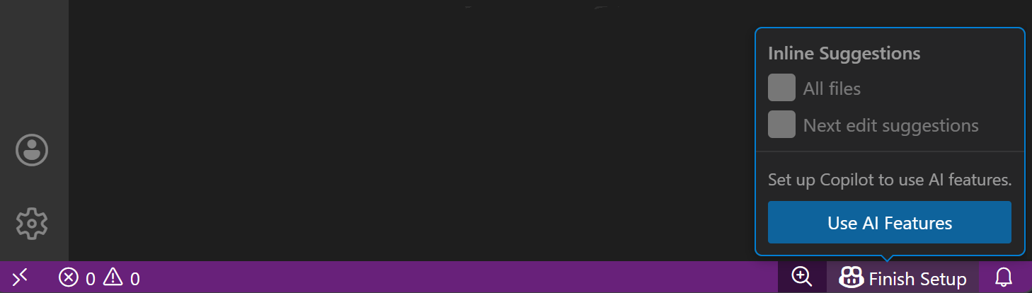 Screenshot showing the Copilot icon in the Status Bar with the Set up Copilot option.