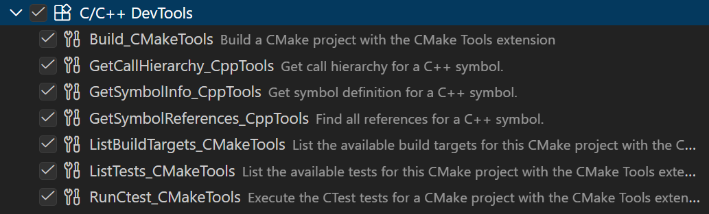 Screenshot showing the list of cpp tools in the chat tools Quick Pick.