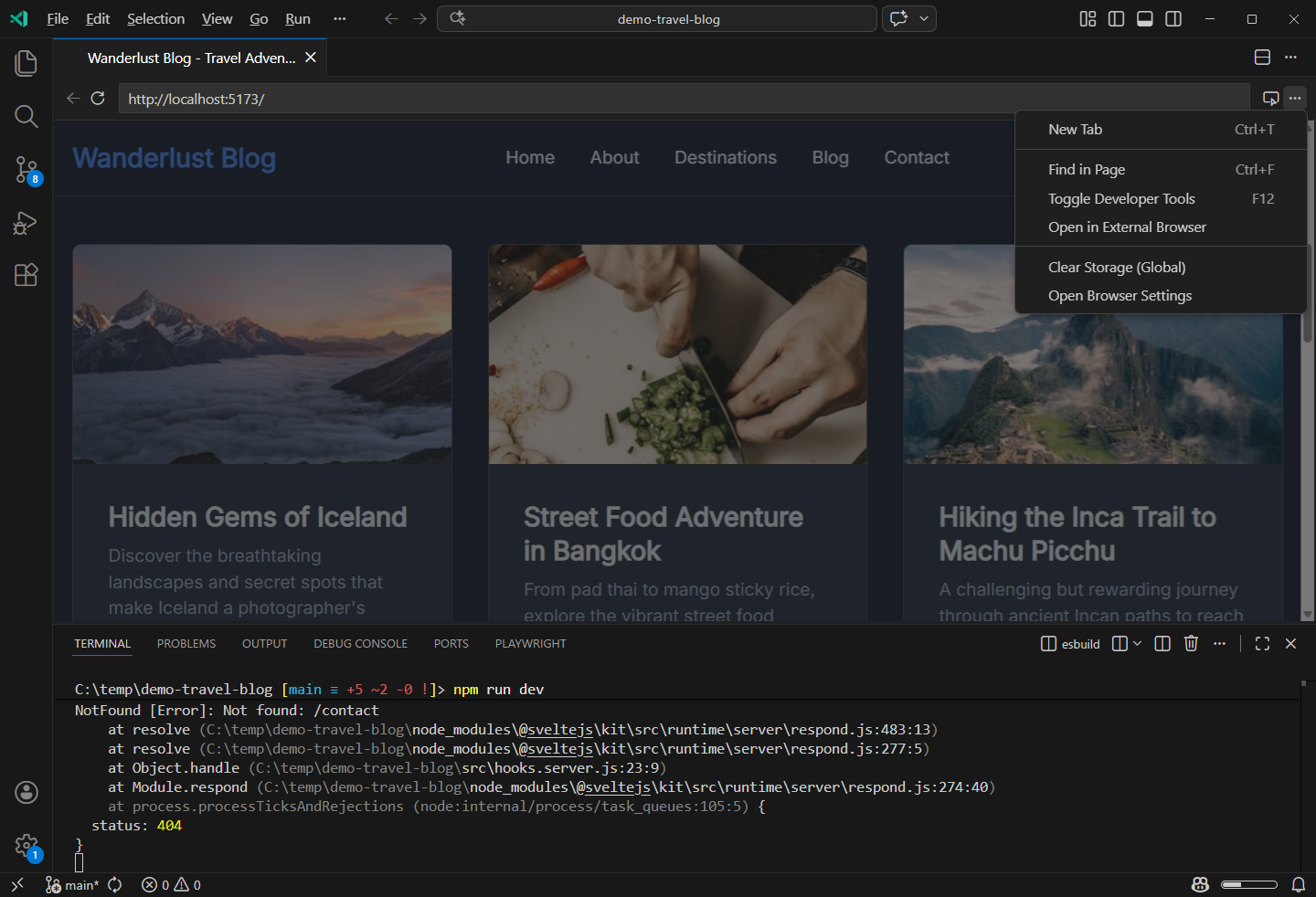 Screenshot of the integrated browser in VS Code displaying a web page.