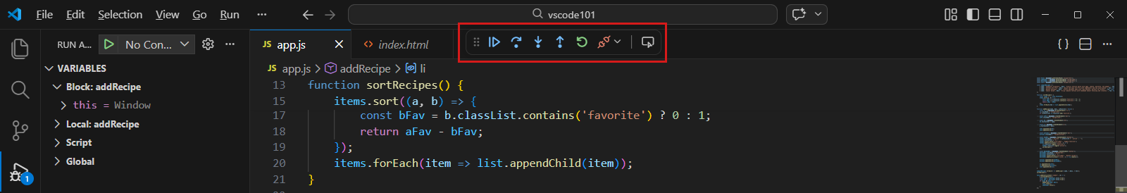Screenshot that shows the Debug toolbar with the Continue button highlighted.