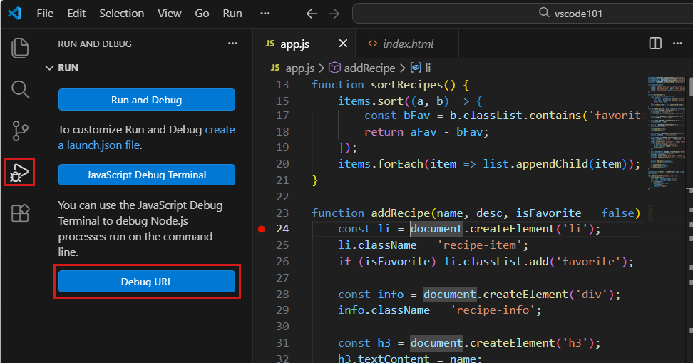 Screenshot that shows the Debug URL configuration in the Run and Debug view.