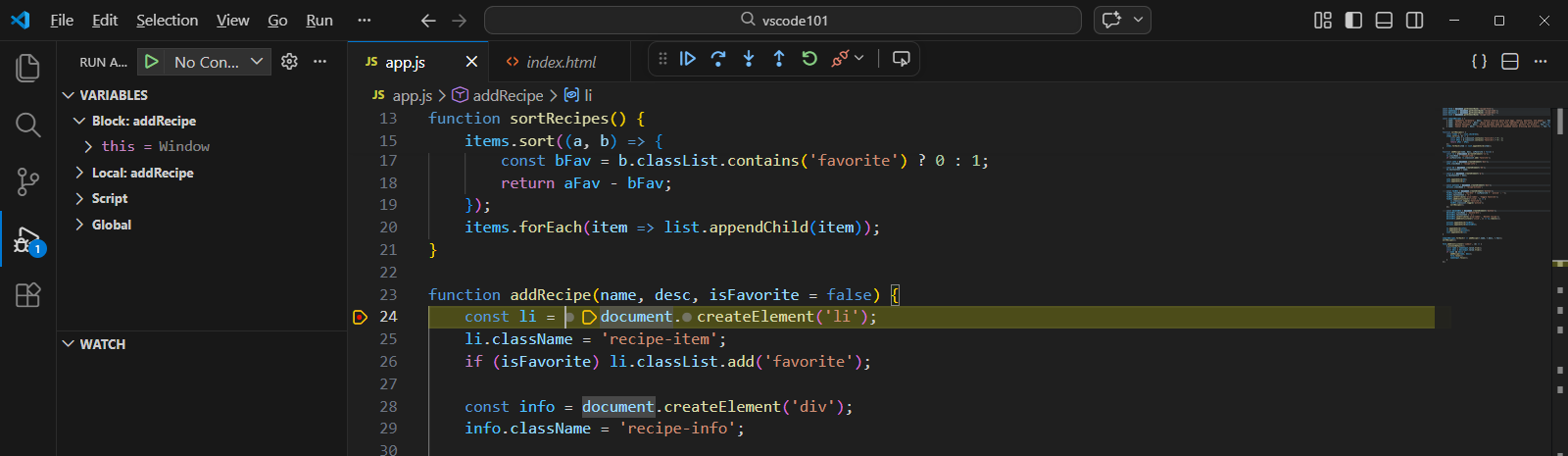 Screenshot that shows the program stopped at a breakpoint in the editor, highlighting the Variables view to inspect variables.