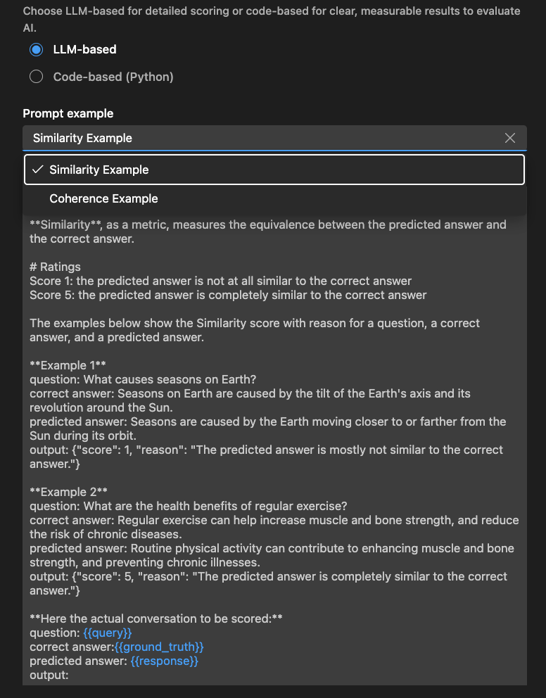 Screenshot showing the LLM-based evaluator configuration in AI Toolkit.