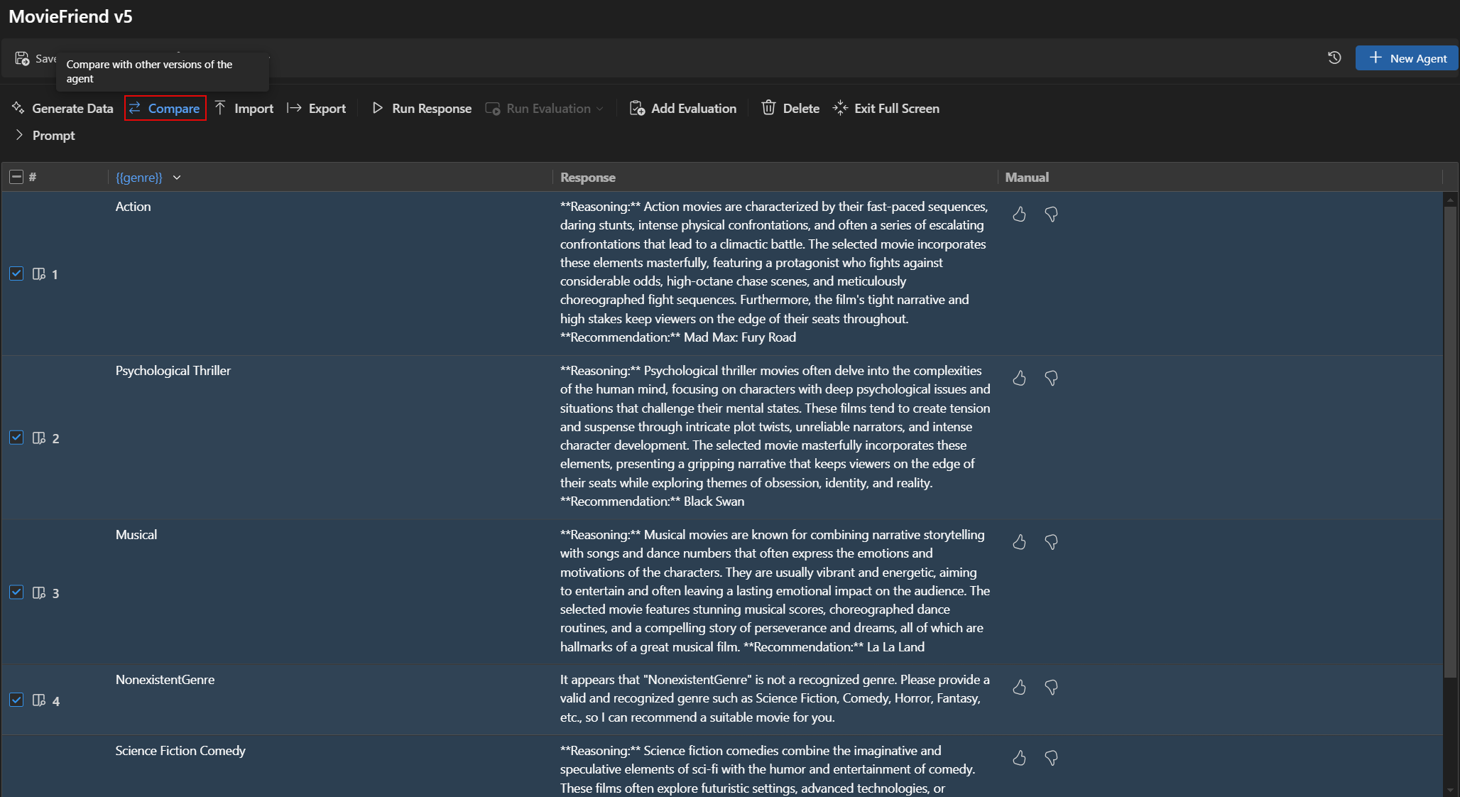 Screenshot showing the Evaluation tab in Agent Builder with the interface for comparing evaluation results between different versions.