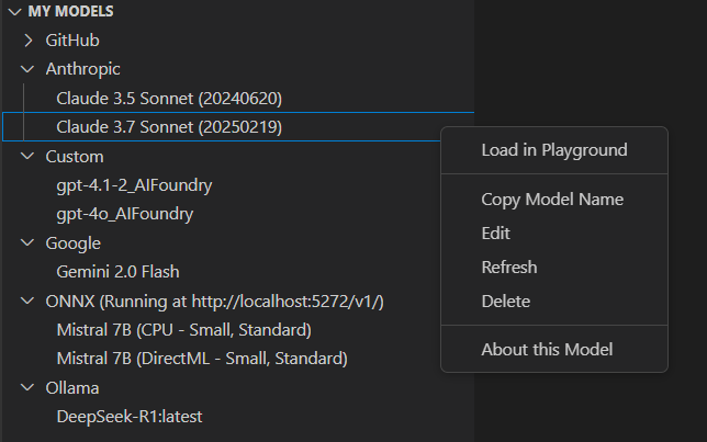 Screenshot of the AI Toolkit interface showing a model card with options Try in Playground, Download, and Load in Playground.
