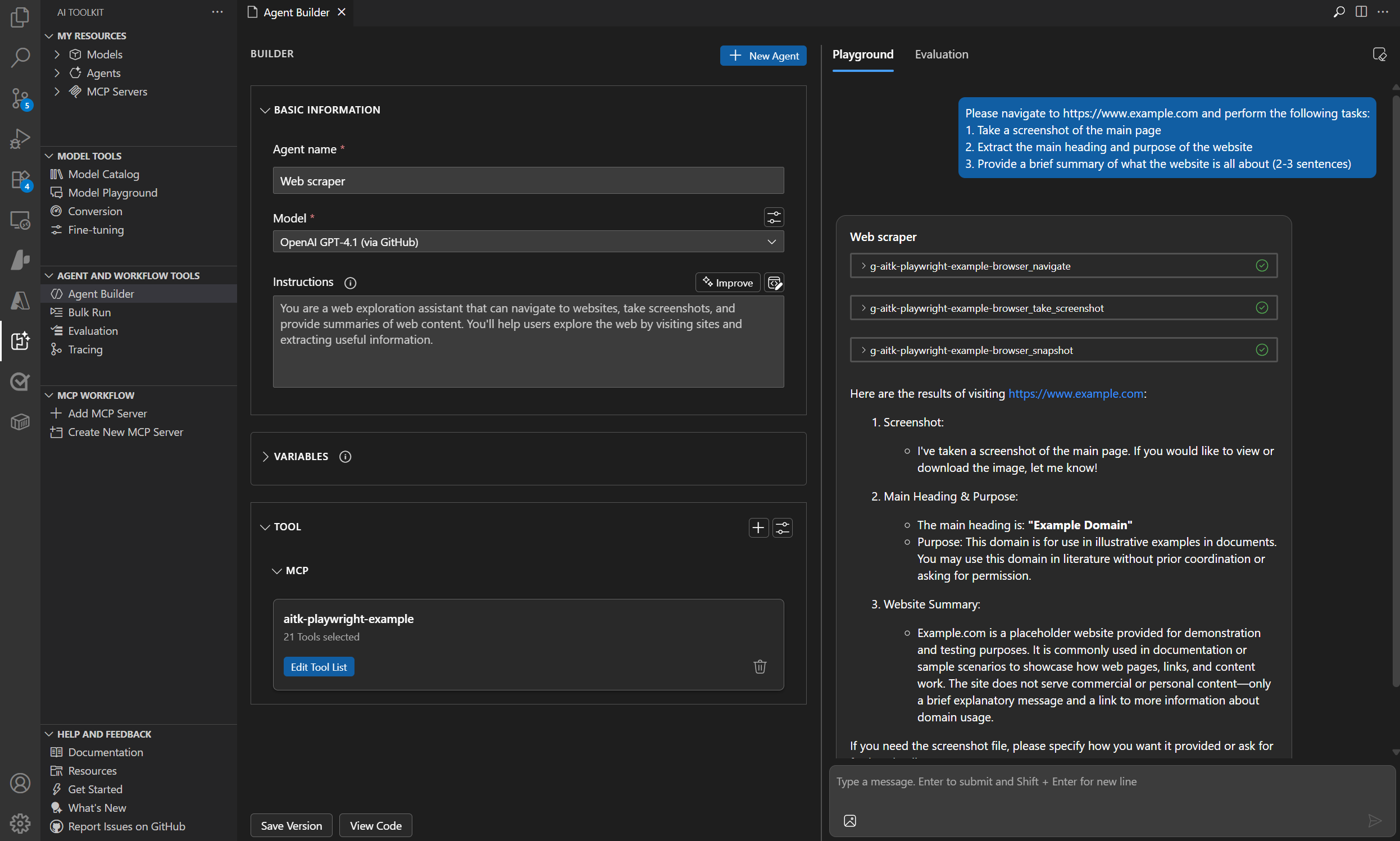 Screenshot showing the Agent Builder interface for creating and managing AI agents