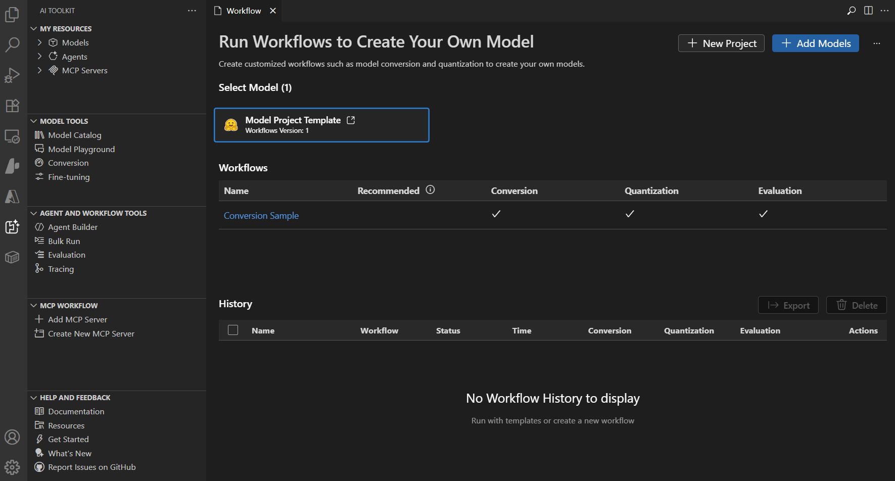 Screenshot showing the Model Conversion interface with tools for optimizing and transforming AI models