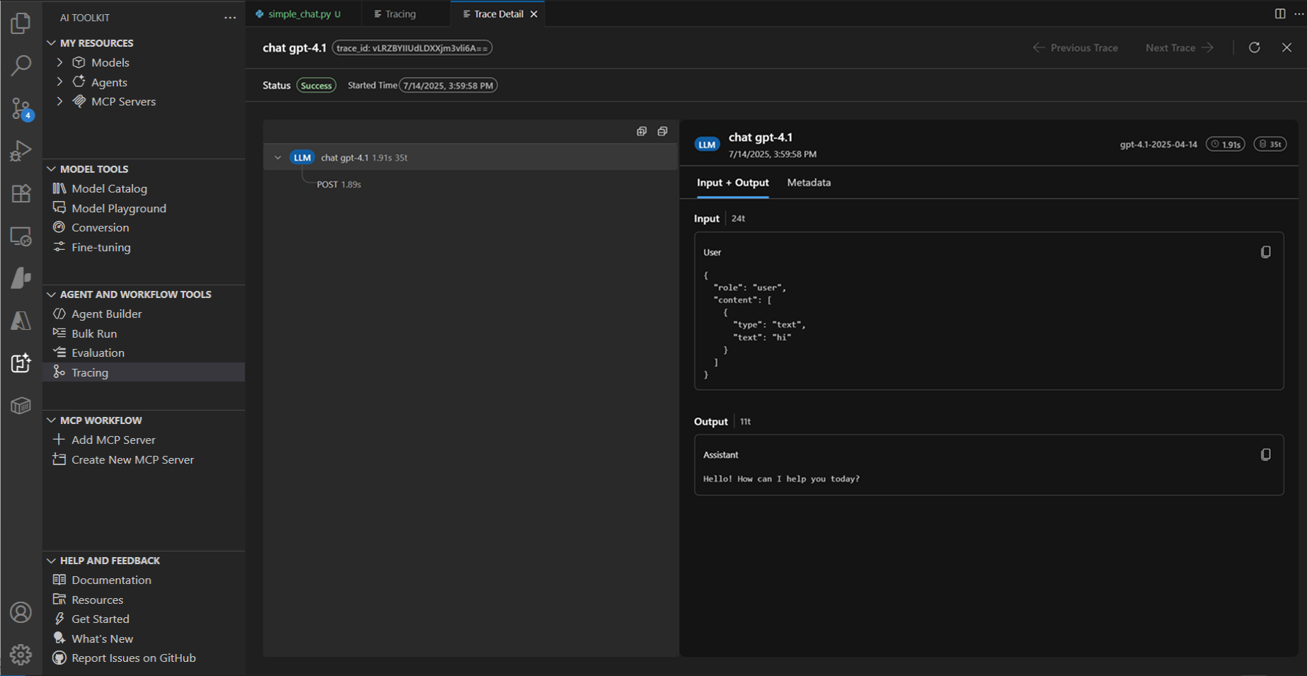 Screenshot showing the Tracing interface with tools for monitoring AI applications