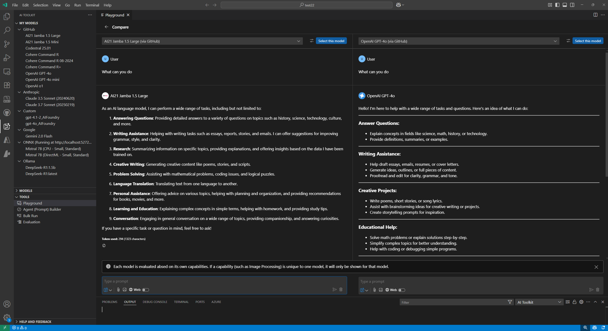 Screenshot showing side by side comparison of responses from different models in the AI Toolkit playground.