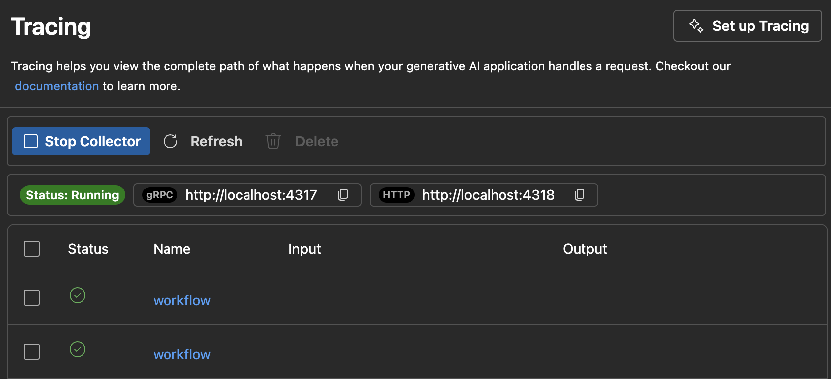 Screenshot showing selecting a trace from the Trace List in the Tracing webview.