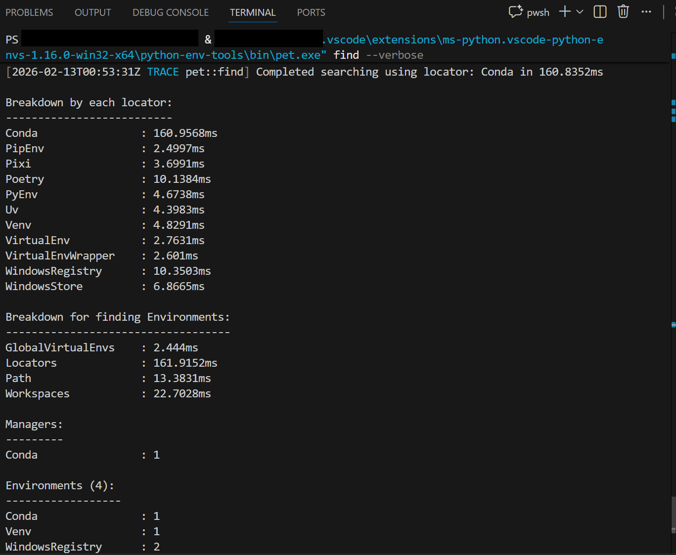 Screenshot showing the VS Code terminal with verbose output from the Python Environment Tool, displaying a breakdown of search times by locator, environment counts by type, and discovered managers.