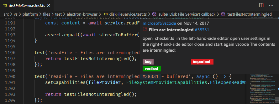 Screenshot showing a hover for a #-mentioned issue number in a code comment.