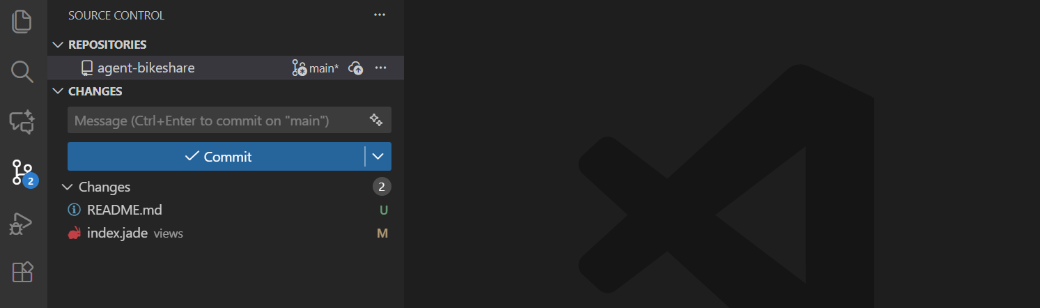 Screenshot of the Source Control view showing a modified and new file under Changes.