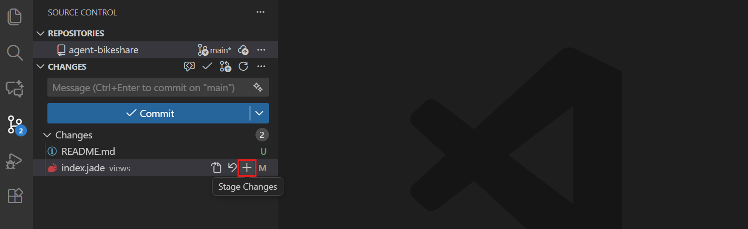 Screenshot of the Source Control view with the Stage Changes button highlighted.