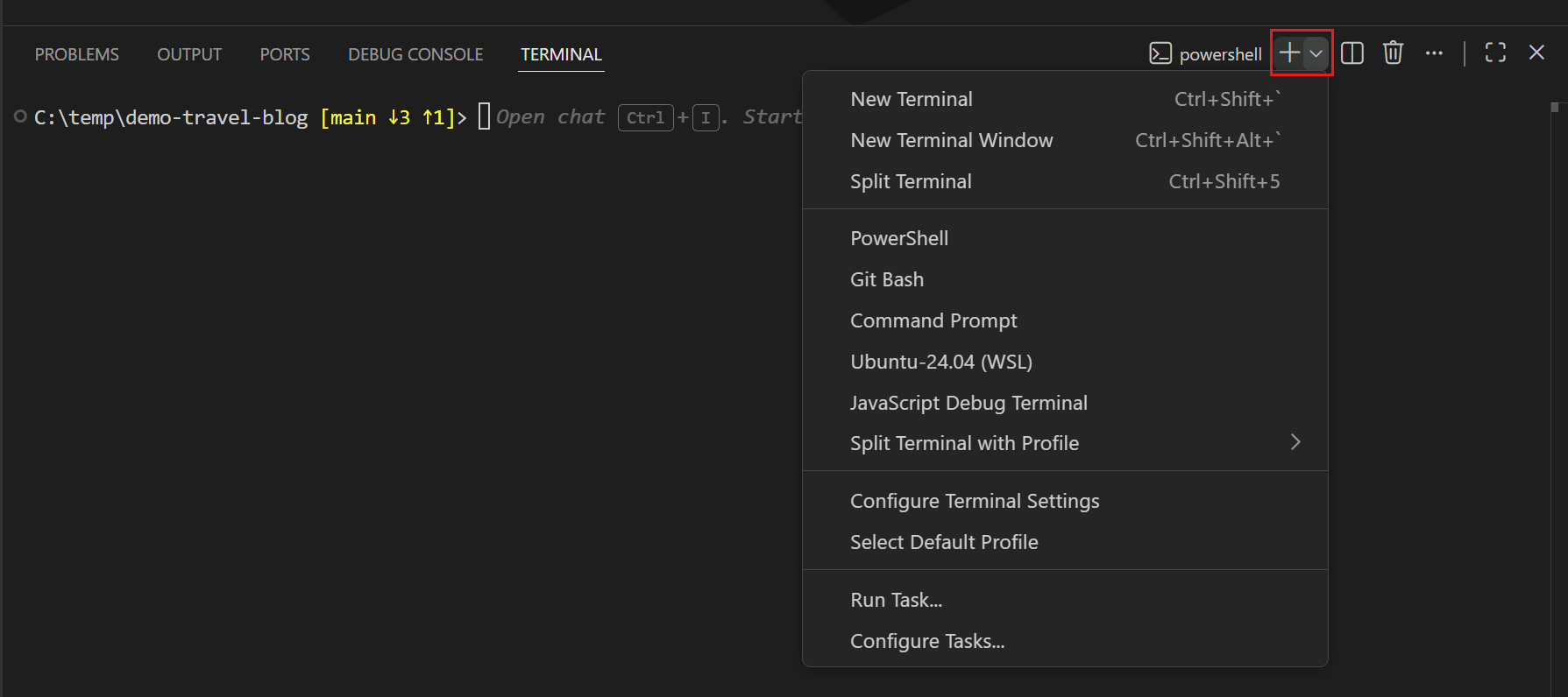 A detected profile can be chosen in the dropdown next to the new terminal button. Some examples on Windows include PowerShell, Command Prompt, Git Bash and WSL