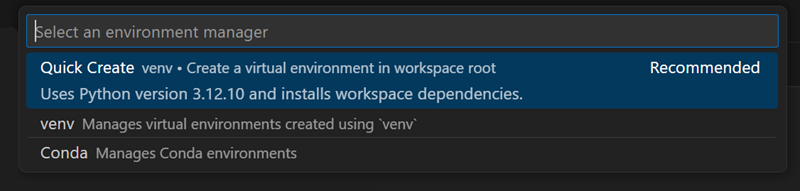 Screenshot showing Quick Create in the Python: Create Environment quick pick.