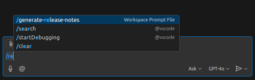 Screenshot that shows running a prompt in the Chat view with a slash command.