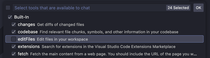 Screenshot of the tool picker, showing the "editFiles" tool set item cleared.