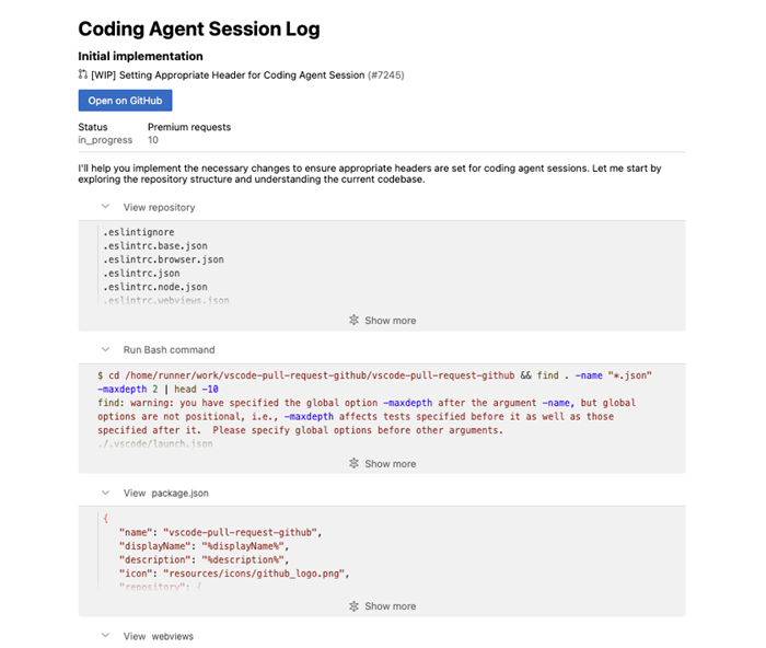Screenshot showing the session log of a coding agent session.