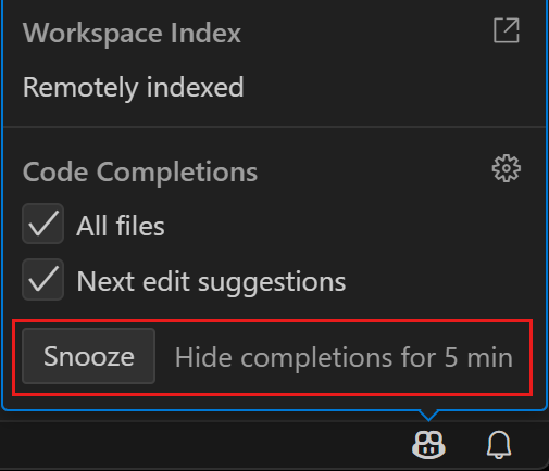 Screenshot showing the Copilot dashboard with the snooze button at the bottom.