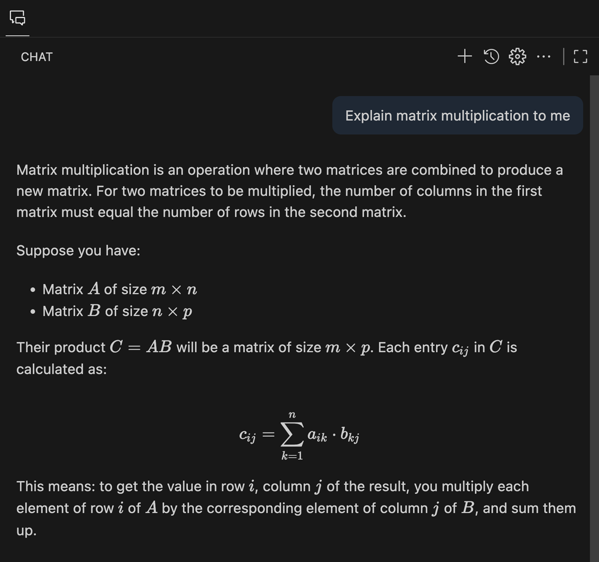 Screenshot of the Chat view, showing inline and block equations in a chat response.