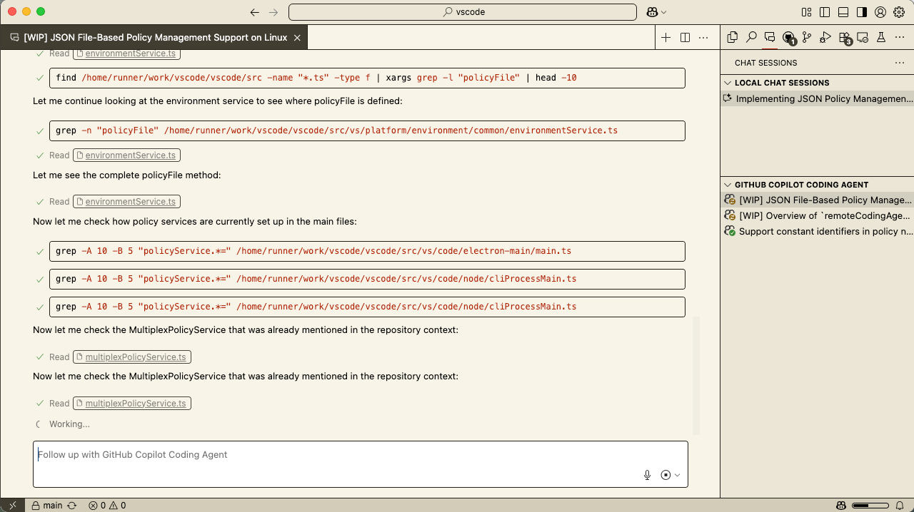 Screenshot showing Coding Agent progress.