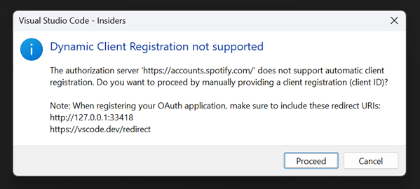 Screenshot of a modal dialog saying that DCR is not supported but you can provide client credentials manually.