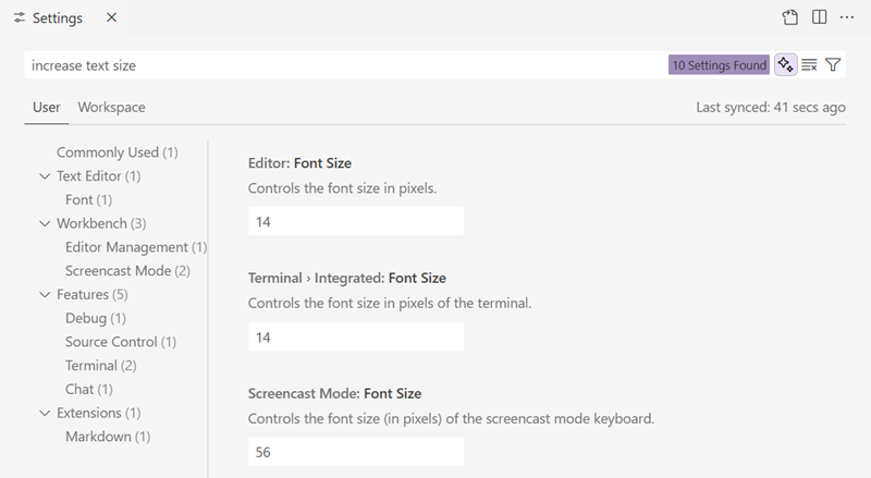 Screenshot of AI results in the Settings editor for "increase text size" showing editor.fontSize setting.