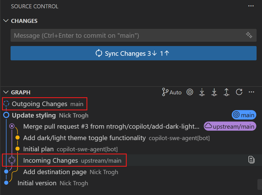 Screenshot showing incoming and outgoing changes nodes in the Source Control Graph view.
