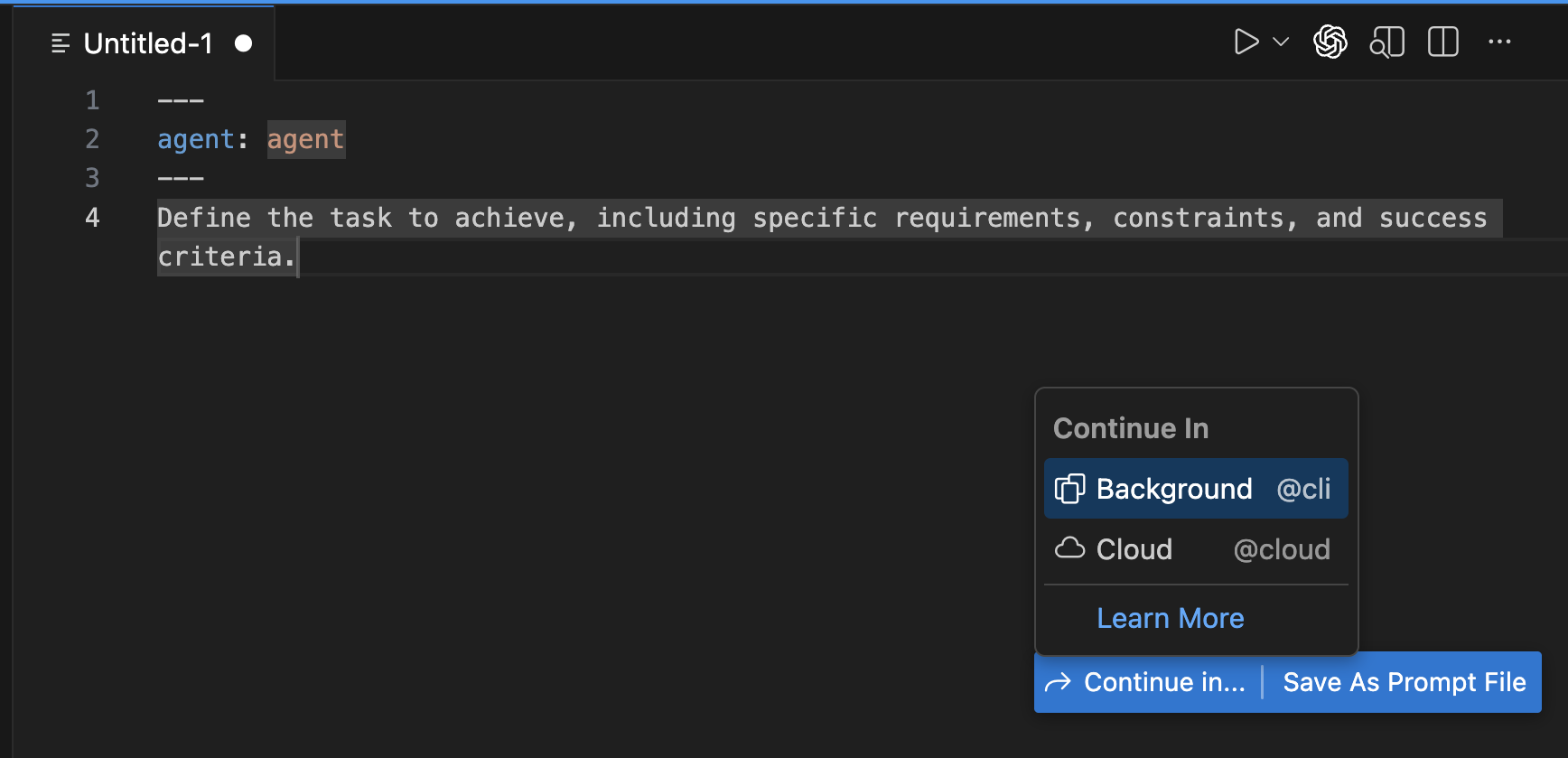 Screenshot showing the 'Continue in' button in an untitled prompt file.