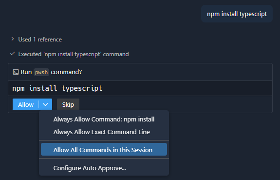 Screenshot that shows the Allow All Commands in this Session option when approving a terminal command in chat.