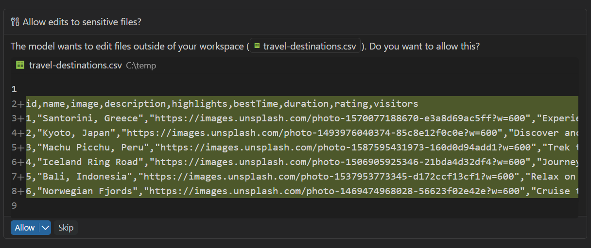 Screenshot showing a prompt asking the user to allow or deny access to read files outside the workspace.
