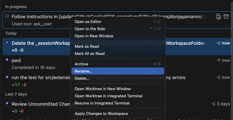 Screenshot showing support for renaming background agent sessions